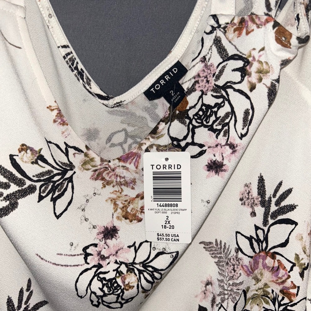 Torrid White Floral Cold Shoulder Strappy Balloon Sleeve Blouse Plus Size 2 2X - Picture 3 of 4
